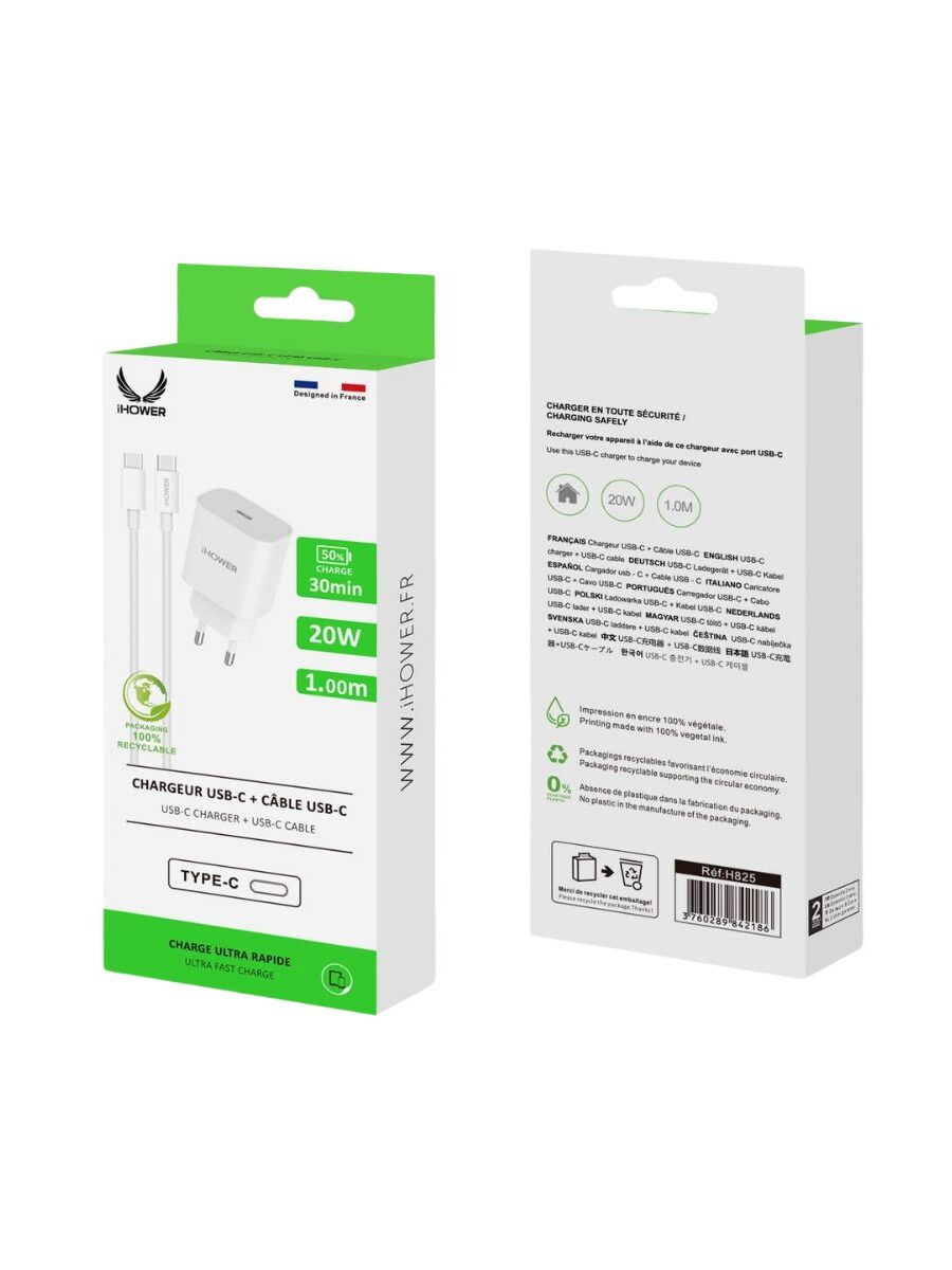 CHARGEUR USB-C + CÂBLE USB-C 20W 1.00M | IHOWER