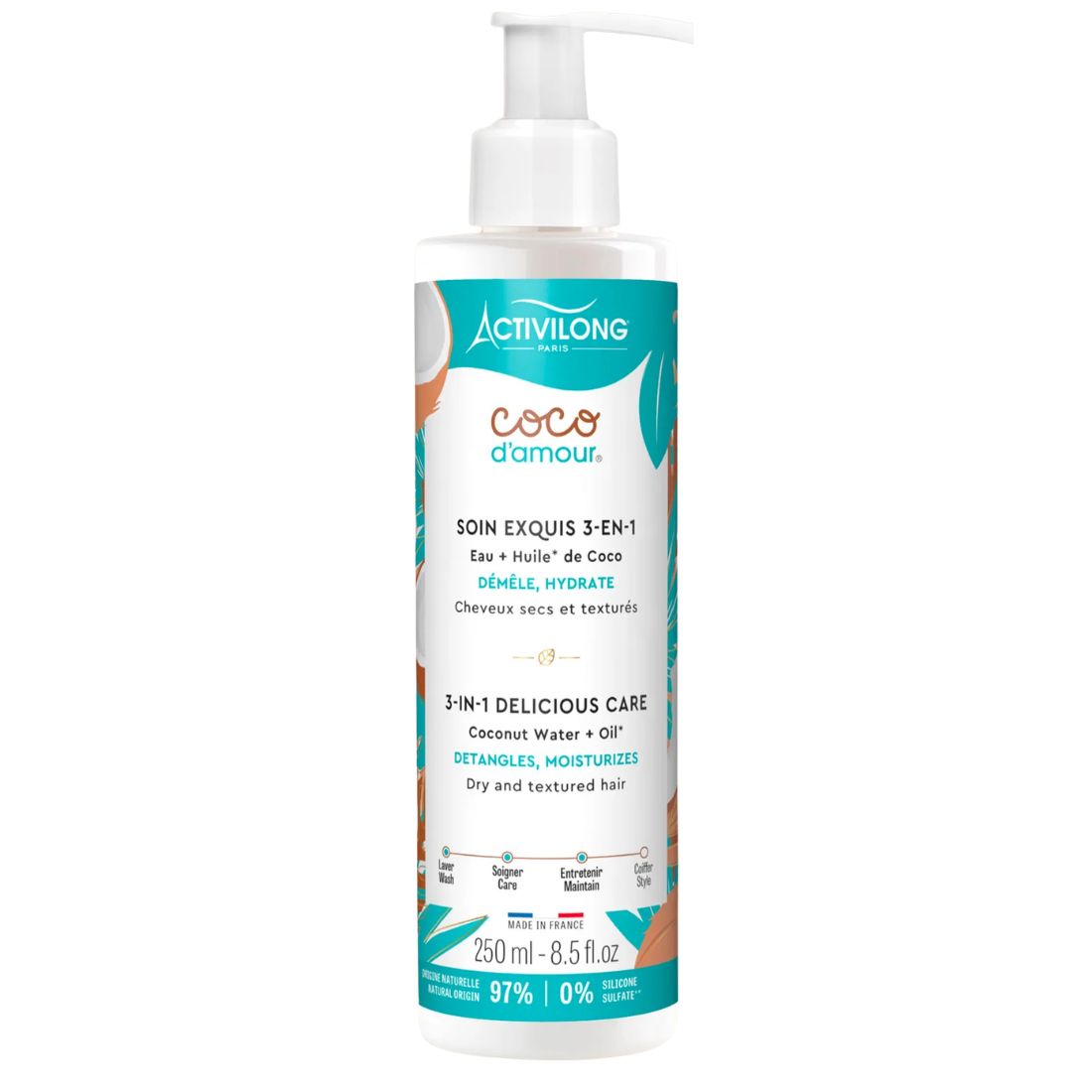 Soin coco Activilong 3 en 1 250ml hydratant démêlant cheveux bouclés crépus