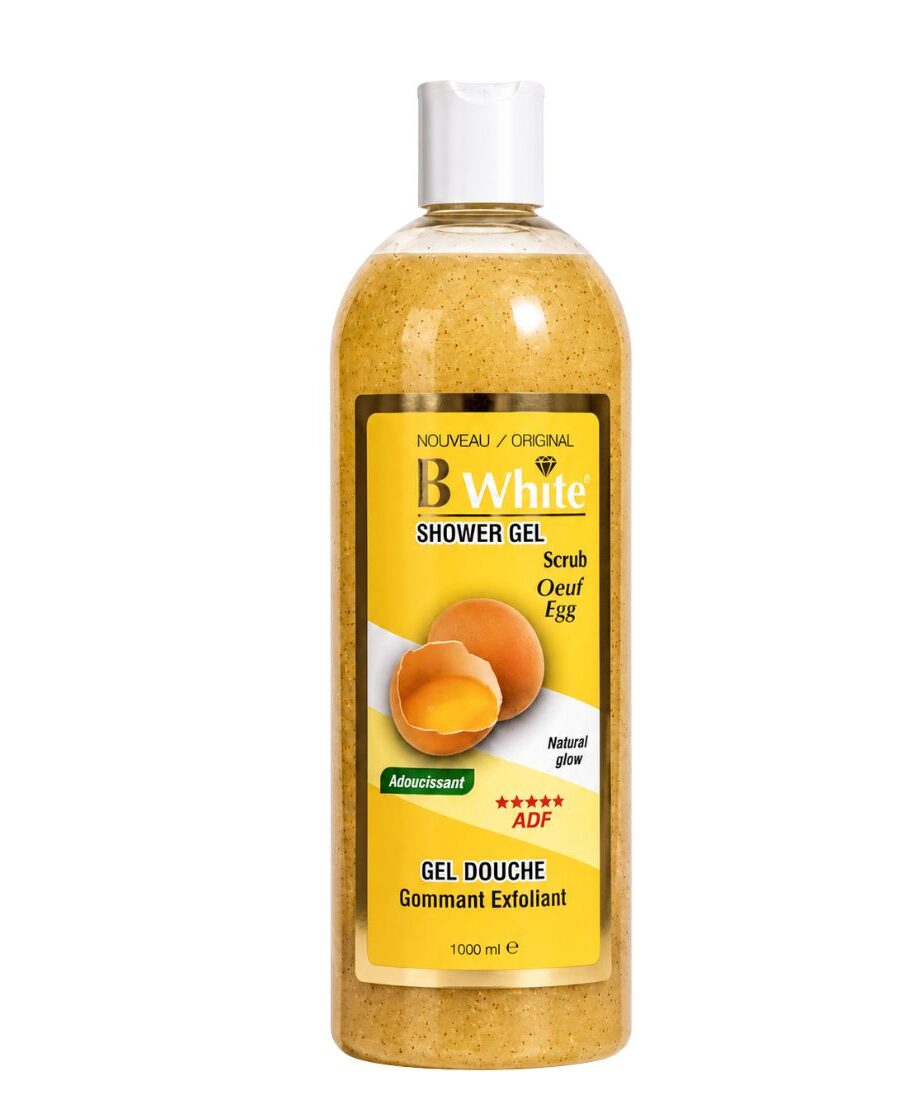 B White Gel Douche gommant exfoliant au jaune d'œuf pour l'éclat du teint.