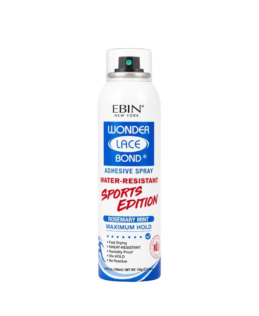 Flacon de spray fixateur lace blanc et bleu sur fond bleu ciel.