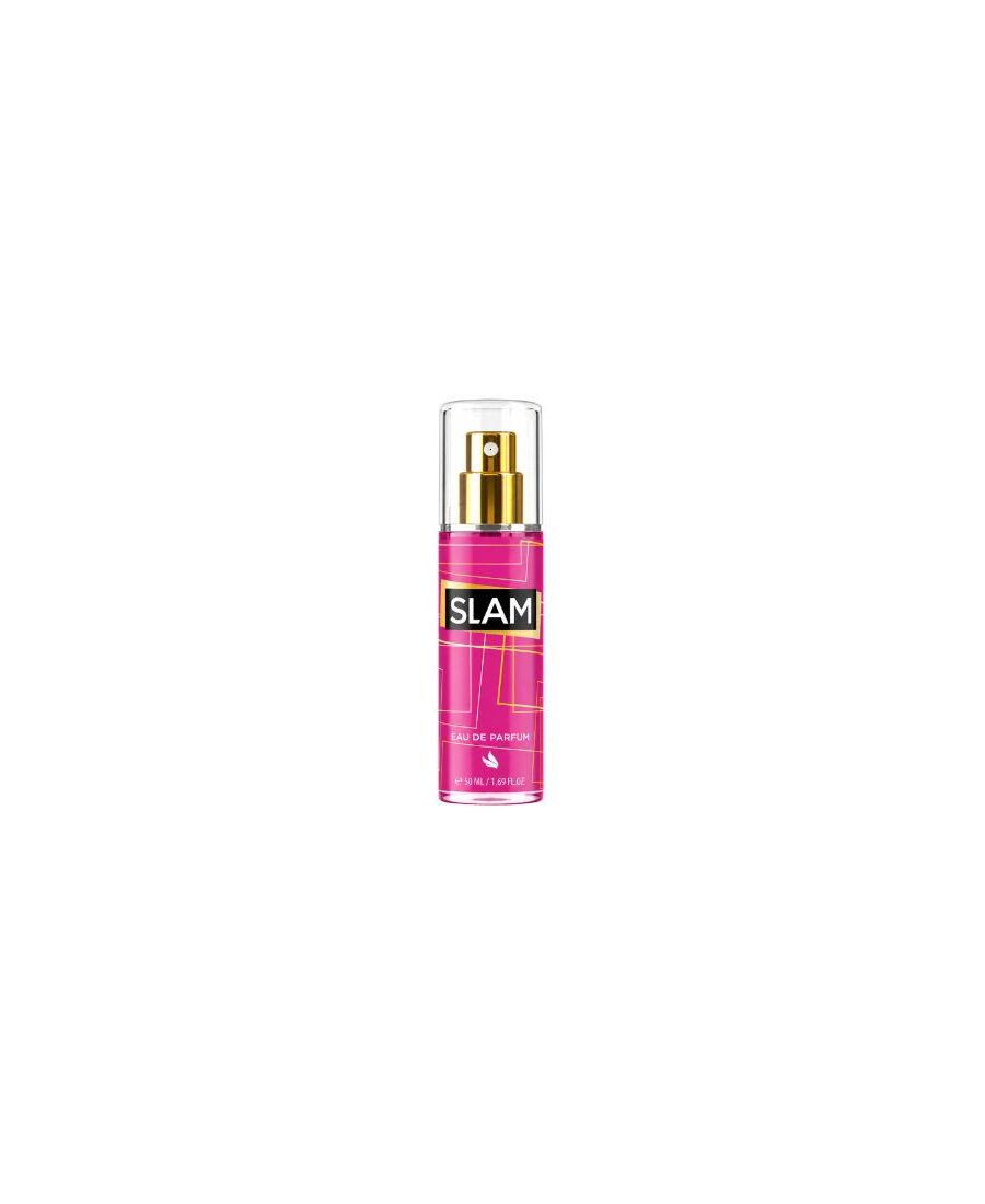 Flacon d'eau de parfum SLAM Rose 50ml transparent avec lignes graphiques roses et spray doré