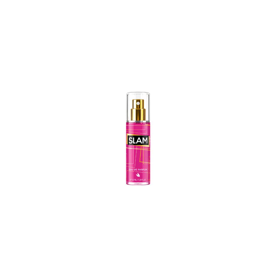 Flacon d'eau de parfum SLAM Rose 50ml transparent avec lignes graphiques roses et spray doré