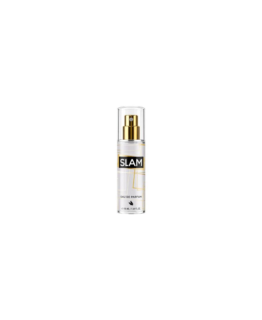 Flacon d'eau de parfum SLAM Argent 50ml transparent avec motif graphique et bouchon argenté