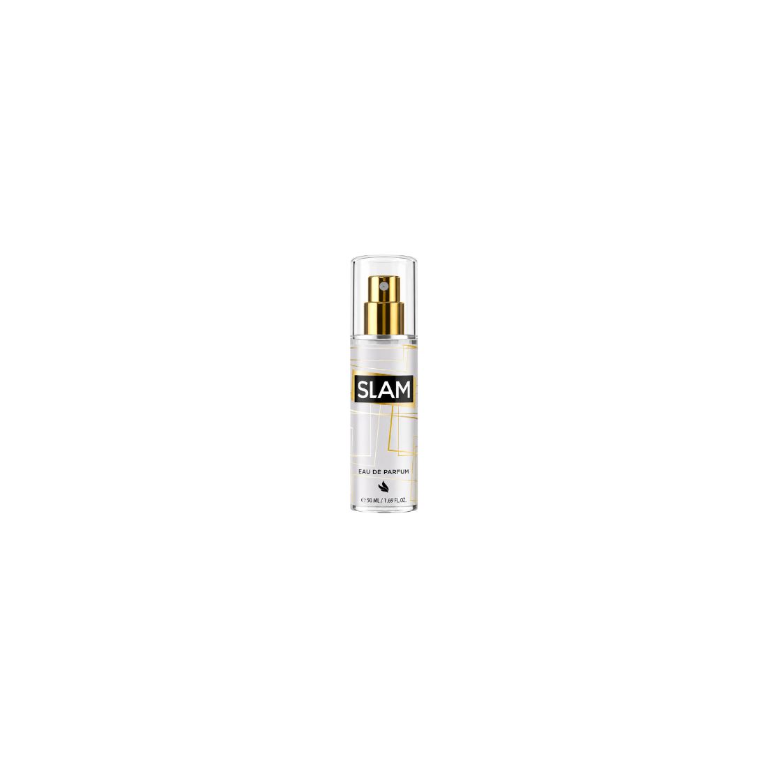 Flacon d'eau de parfum SLAM Argent 50ml transparent avec motif graphique et bouchon argenté