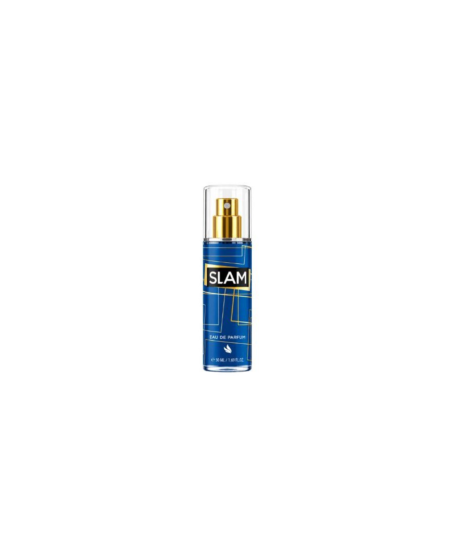 Flacon d'eau de parfum SLAM Bleu 50ml transparent avec motif géométrique doré et bouchon clair