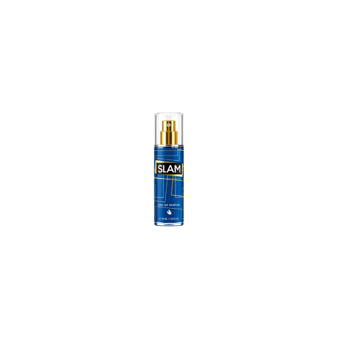 Flacon d'eau de parfum SLAM Bleu 50ml transparent avec motif géométrique doré et bouchon clair