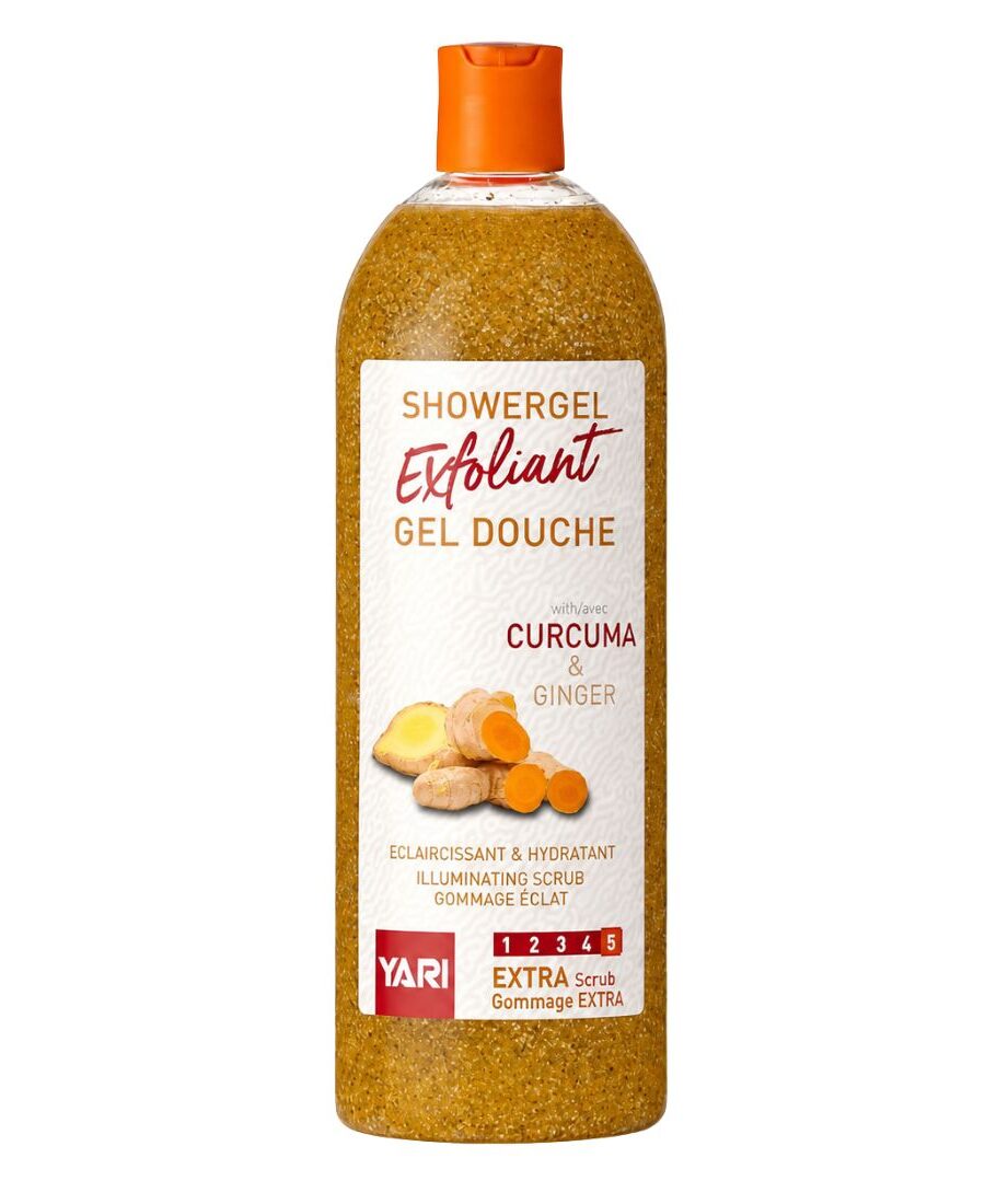 Flacon pompe 1000ml du gel douche exfoliant curcuma et gingembre Yari sur fond blanc.