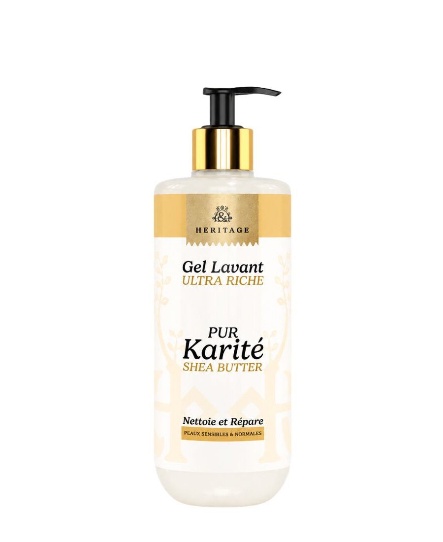 Heritage Gel de bain lavant 500ml KAERA flacon pompe avec détails dorés.