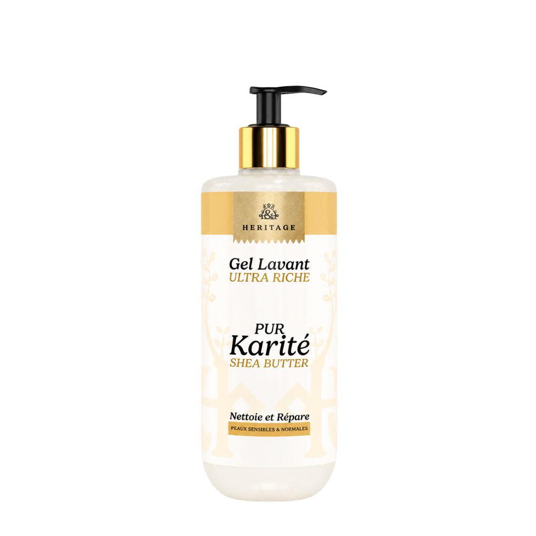 Heritage Gel de bain lavant 500ml KAERA flacon pompe avec détails dorés.
