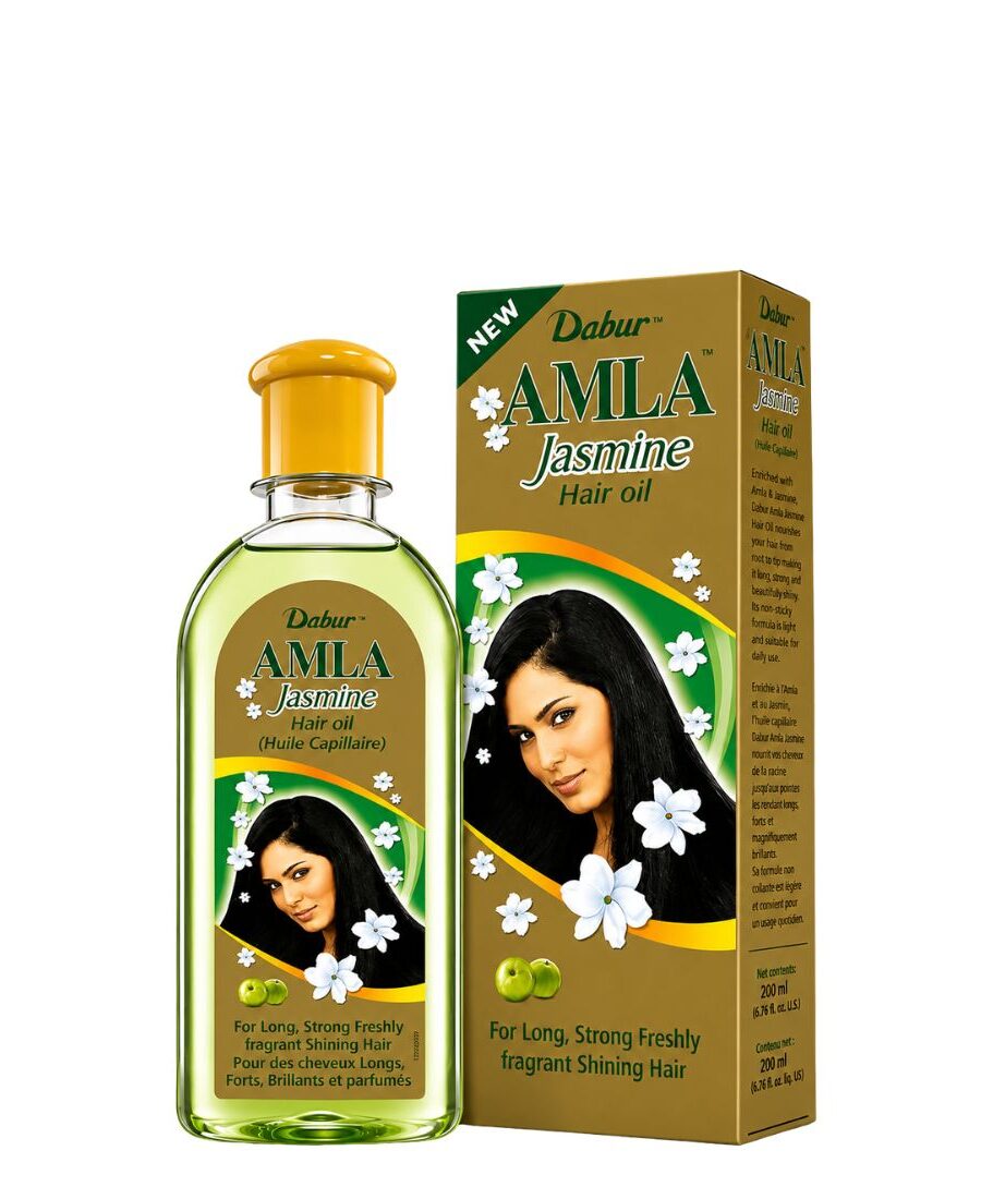 Huile capillaire Dabur Amla Jasmine Hair Oil pour brillance et parfum longue durée.