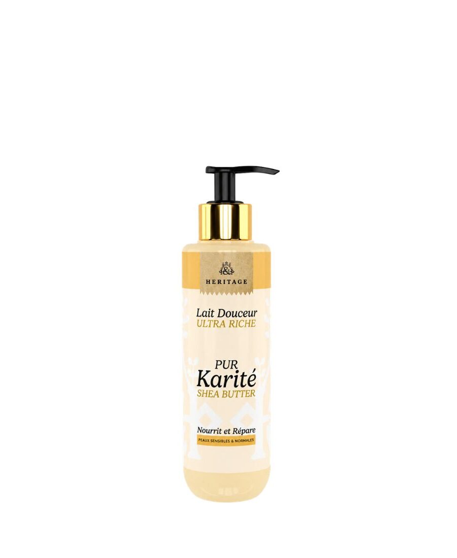 Lait corps karité Heritage KAERA flacon pompe 200ml doré et beige.