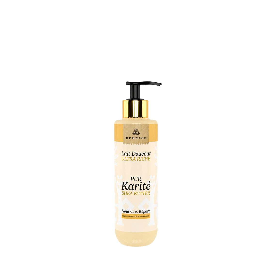 Lait corps karité Heritage KAERA flacon pompe 200ml doré et beige.