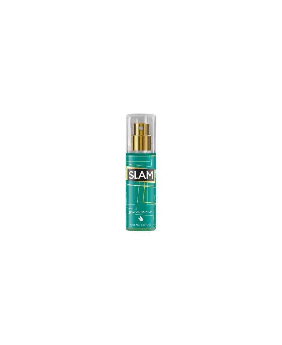 Flacon d'eau de parfum SLAM Vert 50ml cylindrique avec bouchon transparent et spray doré