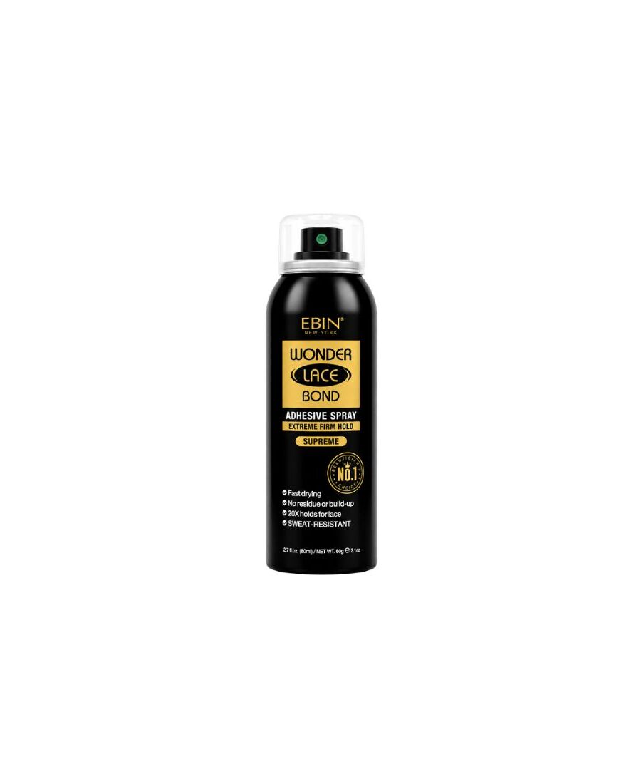 Spray fixation perruque lace Ebin Wonder Bond Supreme 80ml flacon noir et or.